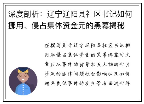 深度剖析：辽宁辽阳县社区书记如何挪用、侵占集体资金元的黑幕揭秘